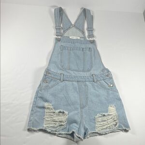 Honey Punch Light Blue Distressed  Denim Overalls Shorts Sz S